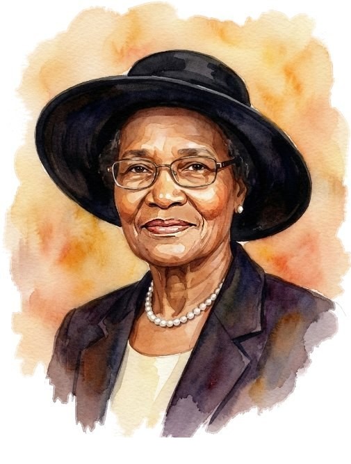 Soft watercolour portrait of Ms Eloise Seymour wearing a wide-brimmed hat and pearls.