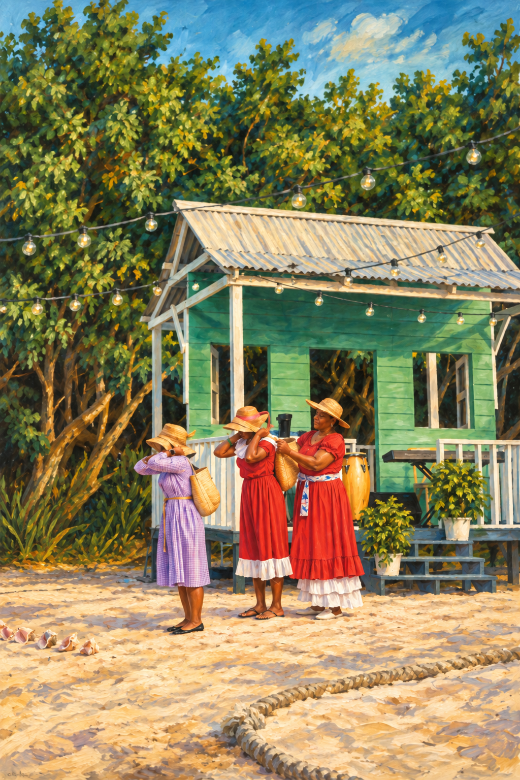 Painting of three people in traditional dresses and straw hats outside a green Caymanian cottage.